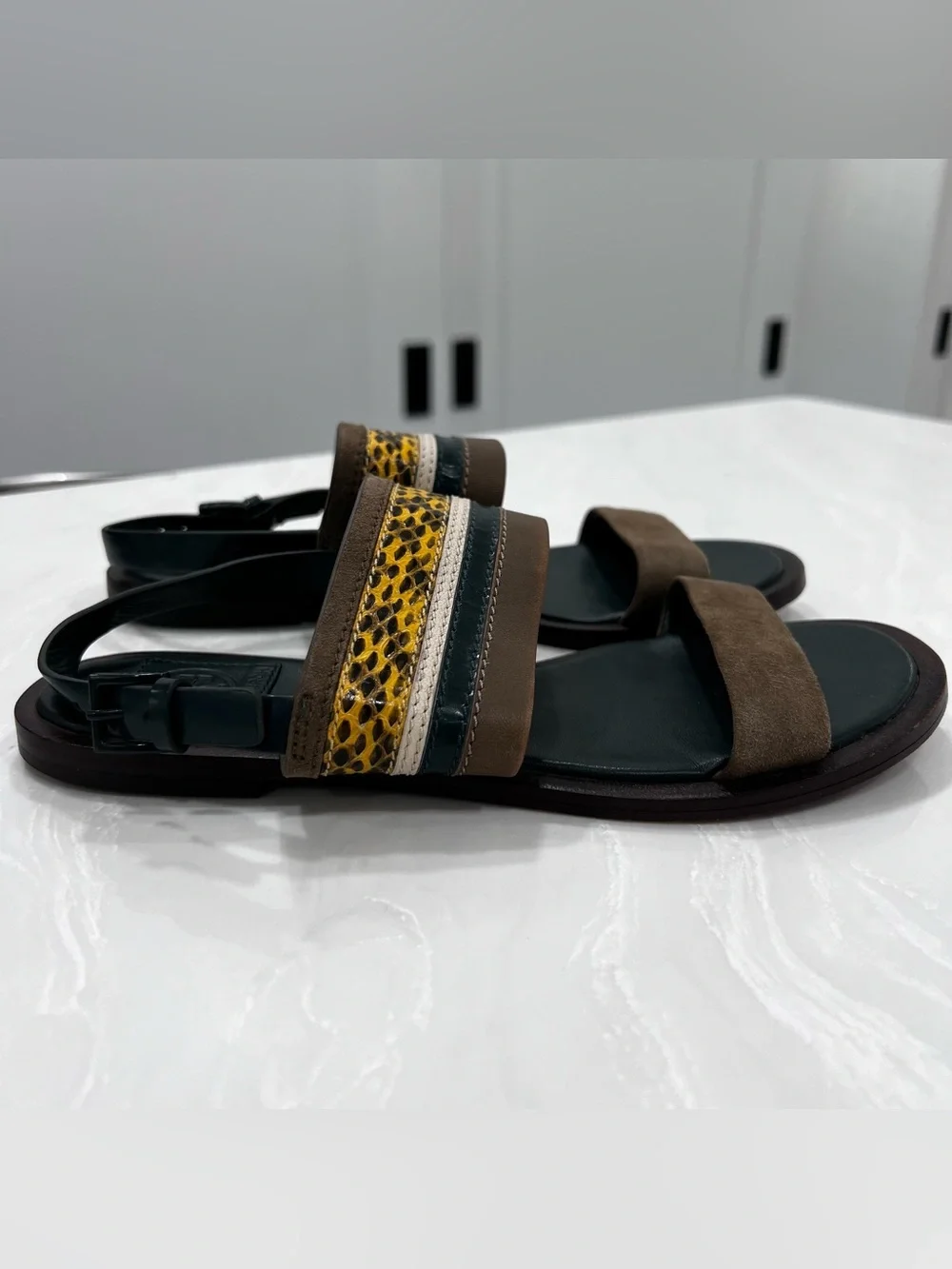 Tory Burch Edina Green Leather Colorblock Slingback SoHo Lux Sandals Women’s 5.5